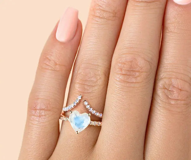 Bague envoûtante Pierre de Lune "Double Cœur" | Bijoux Chakra