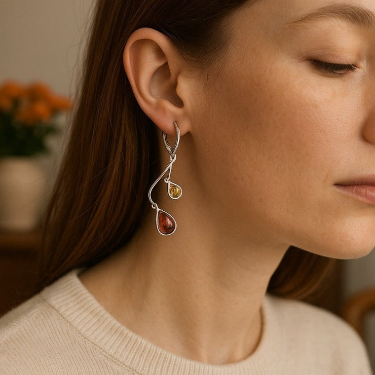 Boucles d'oreilles éclatantes en ambre multicolore lituanien et argent 925 | Bijoux Chakra