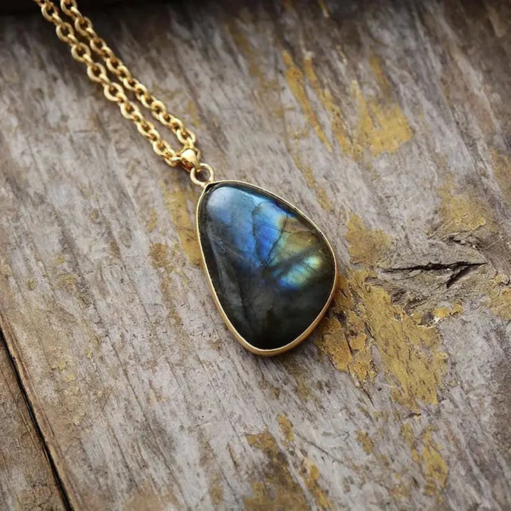 Pendentif en Or avec Pierre de Lune et Labradorite « Tranquillité Azur » | Bijoux Chakra