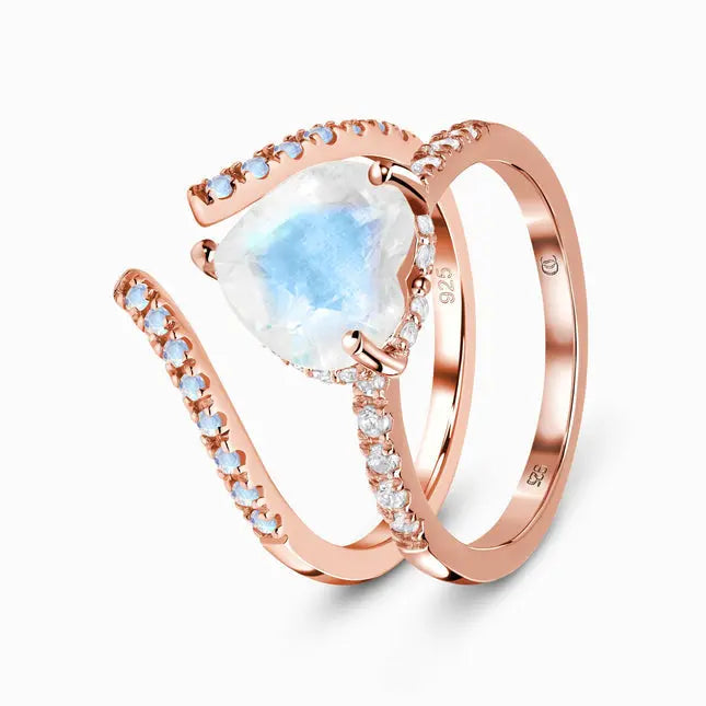 Bague envoûtante Pierre de Lune "Double Cœur" | Bijoux Chakra