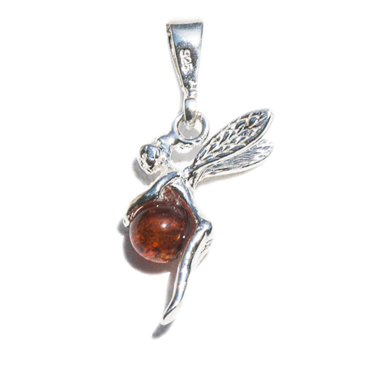 Pendentif envoûtant en ambre cognac de Lituanie avec motif de fée Clochette en argent 925 | Bijoux Chakra