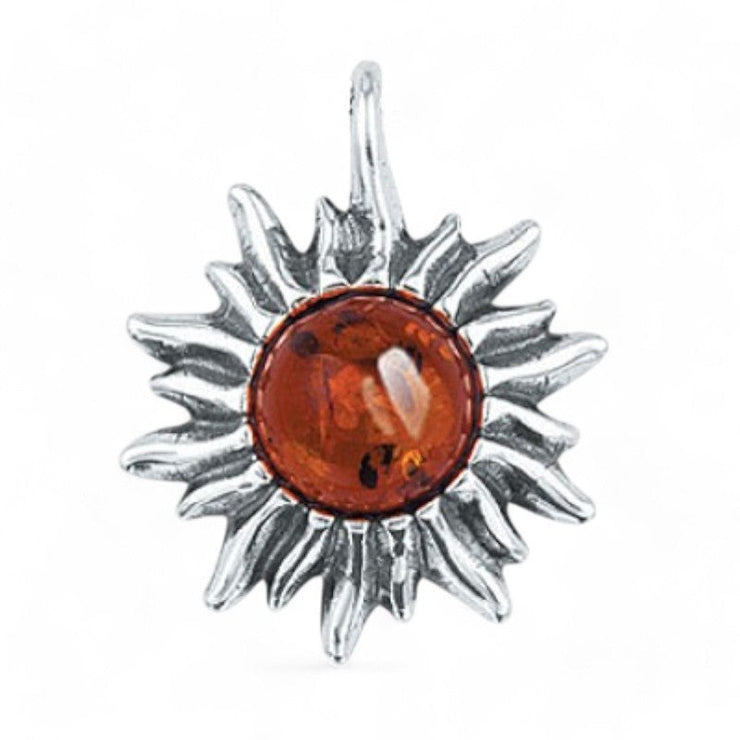Élégant pendentif de soleil ambre cognac de Lituanie, serti d'argent 925 AA | Bijoux Chakra