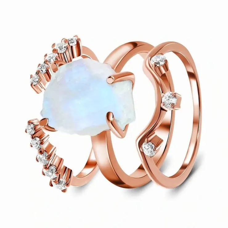 Trio Éclatant de Bagues en Pierre de Lune Brute | Bijoux Chakra