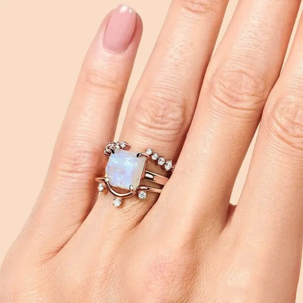 Trio Éclatant de Bagues en Pierre de Lune Brute | Bijoux Chakra