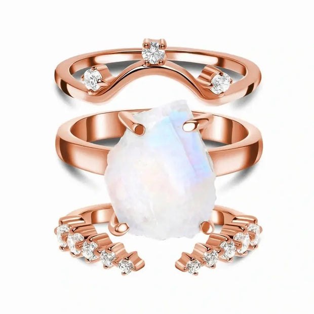 Trio Éclatant de Bagues en Pierre de Lune Brute | Bijoux Chakra
