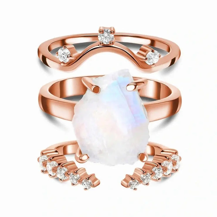 Trio Éclatant de Bagues en Pierre de Lune Brute | Bijoux Chakra