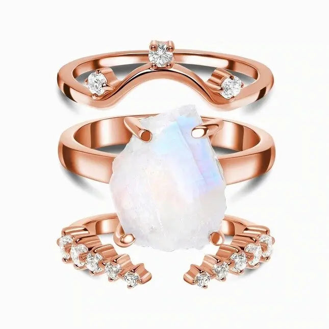 Trio Éclatant de Bagues en Pierre de Lune Brute | Bijoux Chakra
