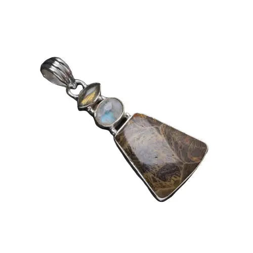 Pendentif Captivant "Sirène" en Labradorite, Pierre de Lune et Corail Fossilisé | Bijoux Chakra